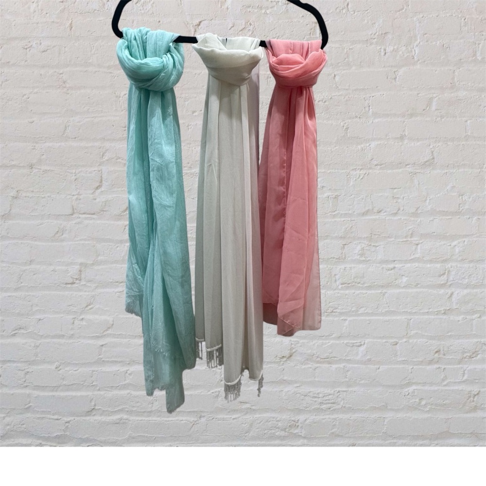 3 Elegant Shear Scarves- Lightweight Scarf Trio in Mint, Cream & Pink